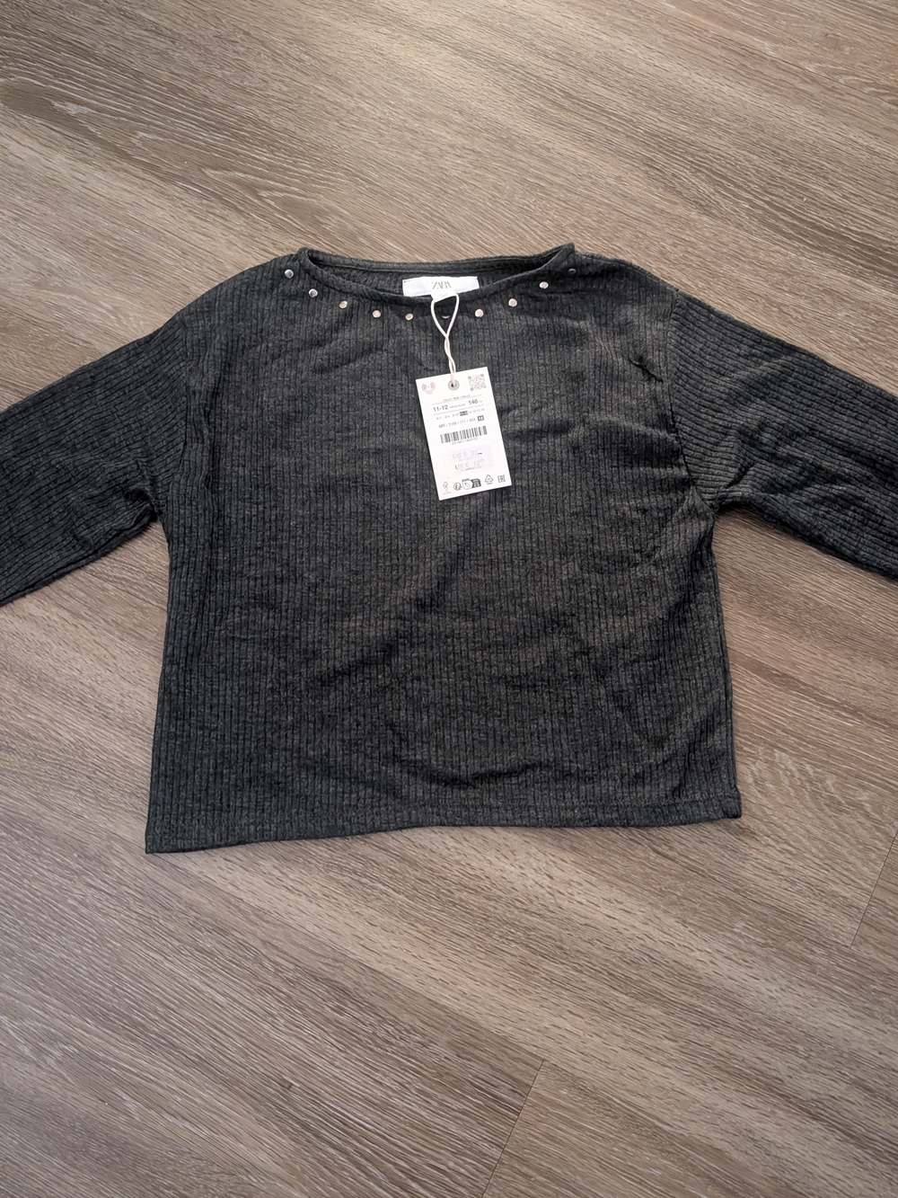 Zara long sleeve tee in charcoal gray with silver studs Size 11-12
